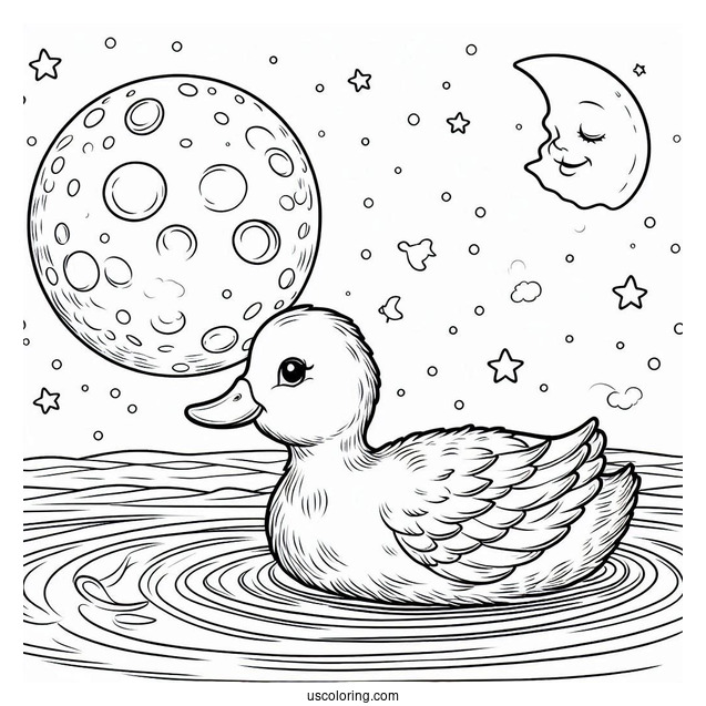 Duck Swimming Under the Moon Coloring Sheet
