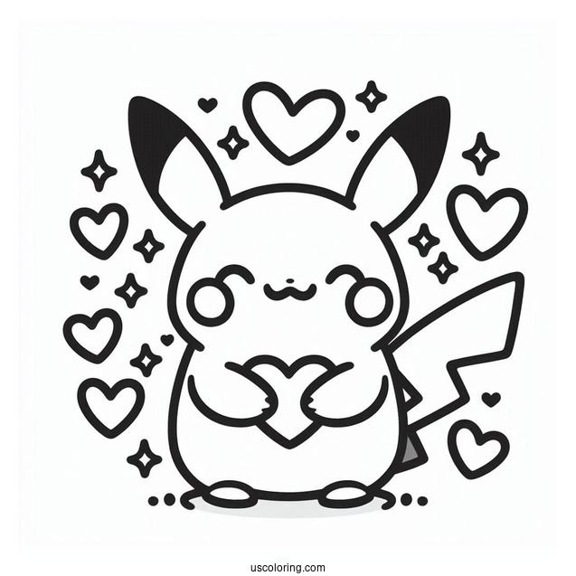 Cute Coloring Page Of Easy Pikachu With Love Hearts For Preschoolers