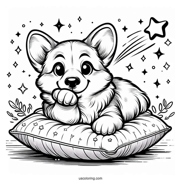 Corgi Coloring Page Sending Flying Kiss While Lying On Cushion