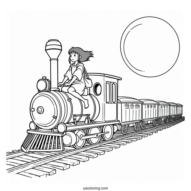 Studio Ghibli Coloring Page of Spirited Away Chihiro Riding Train With No Face And Bo