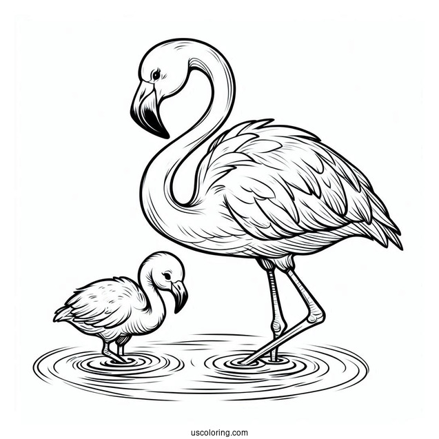 Mother And Baby Flamingo In Water To Color