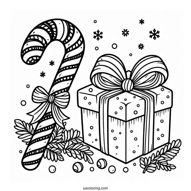 Large Candy Cane Coloring Page Beside A Christmas Present