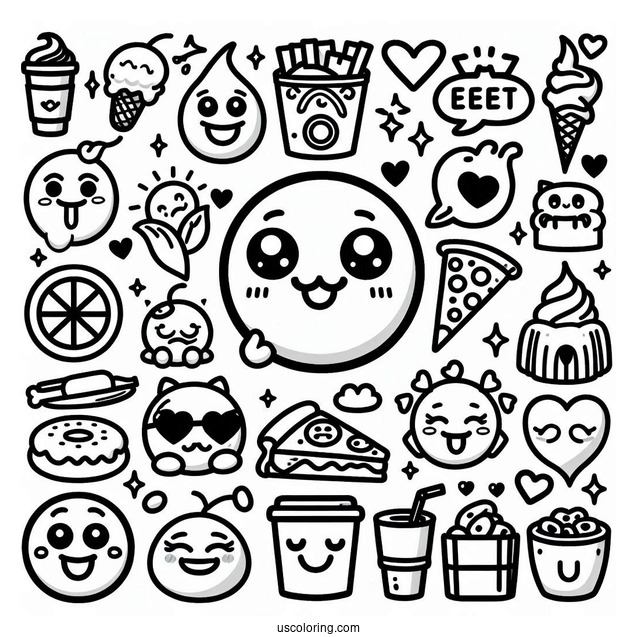 Emoji Coloring Page Varieties Of Faces, Objects, And Food