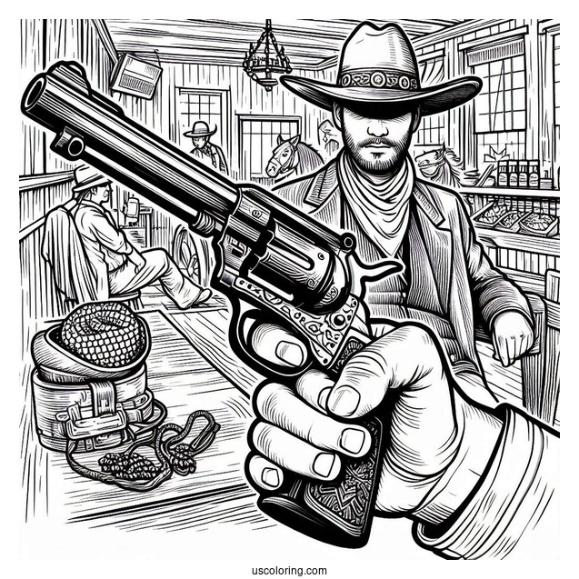 Realistic Cowboy Coloring Page With Gun In Saloon