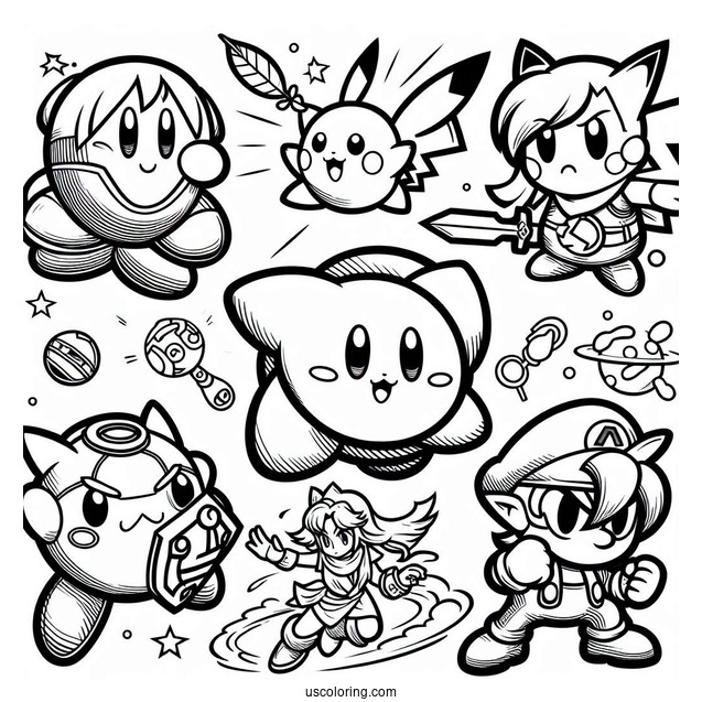 Kirby, Pikachu, Zelda, Sonic, And Little Mac Super Smash Bros Coloring Page