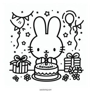 Miffy Coloring Page Celebrating Birthday With Streamer And Cake For Kids