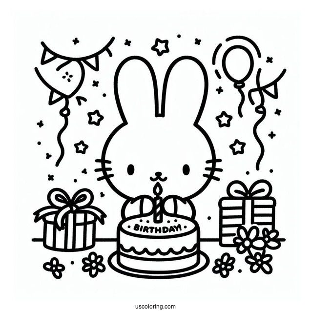 Miffy Coloring Page Celebrating Birthday With Streamer And Cake For Kids