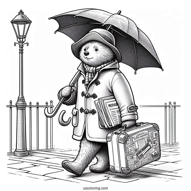 Paddington Coloring Page Carrying His Suitcase, Umbrella, And Newspapers While Walking On The Sidewalk