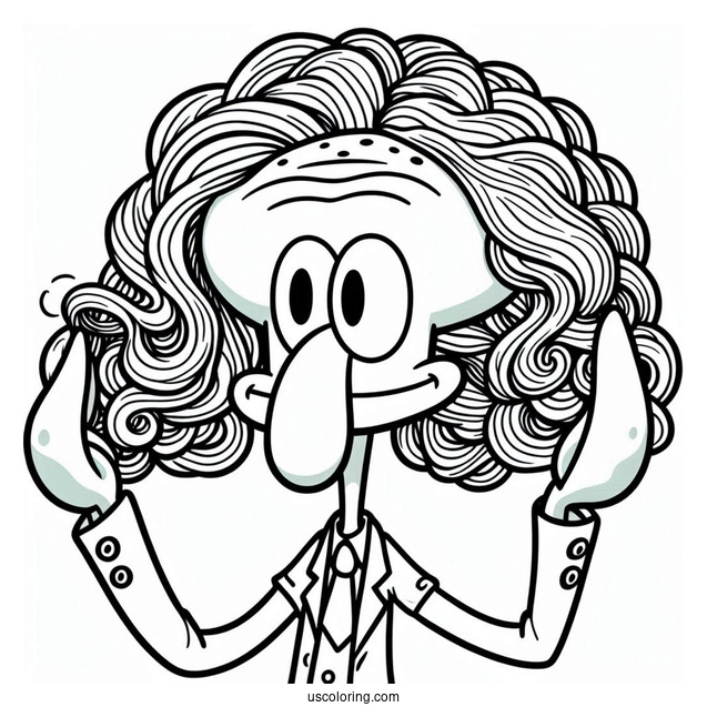 Squidward Coloring Page Putting On Wig