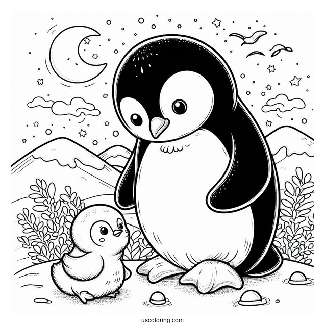 Emperor Penguin With Baby Chick Coloring In