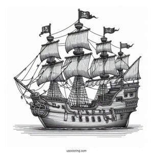 Front View Of A Realistic Pirate Ship Coloring Page