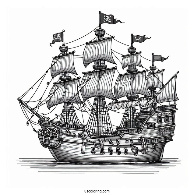 Front View Of A Realistic Pirate Ship Coloring Page