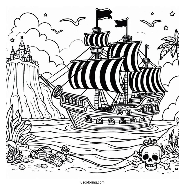 Large Cartoon Pirate Ship Coloring Page Near An Island