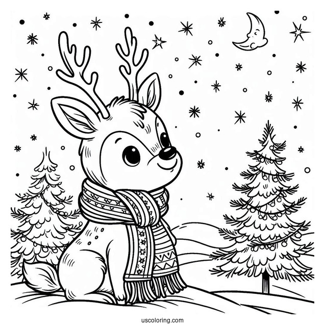 Furry Rudolph Coloring Page Wearing A Scarf Under The Night Sky