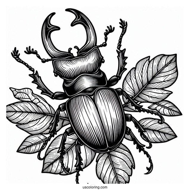 Scary Large Stag Beetle Coloring Page On Leaf