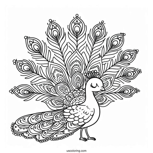 Cute Peacock Coloring Page with Fanned Feathers For Kids