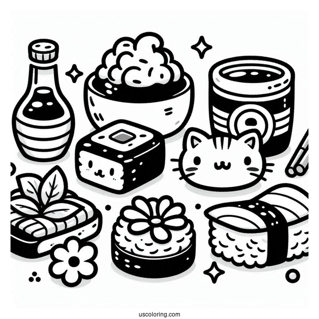 Cartoon Sushi Coloring Pages Variety, Wasabi, And Soy Sauce