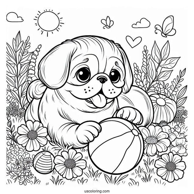 Cute Pug Coloring Page and Ball in the Park For Kids