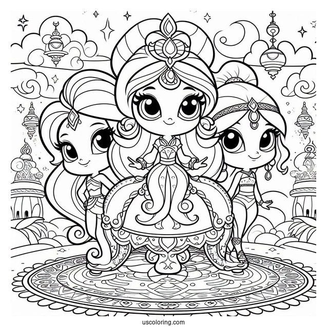 Shimmer And Shine Coloring Page Nahal, And Nazboo On A Magic Carpet With Zeta In The Background