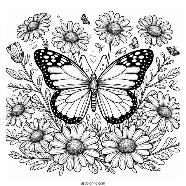 Butterfly Coloring Page Surrounding A Bunch Of Daisies