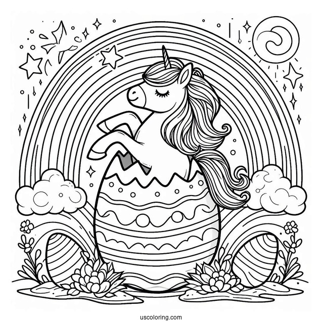 Unicorn Popping Out Of Easter Egg On Rainbow Coloring Sheet