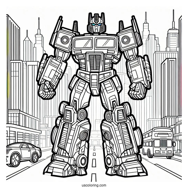 Cartoon Optimus Prime Coloring Page In The City