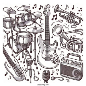 Music Coloring Page Of Electric Guitar, Drum, Trumpet, Saxophone, And Microphone