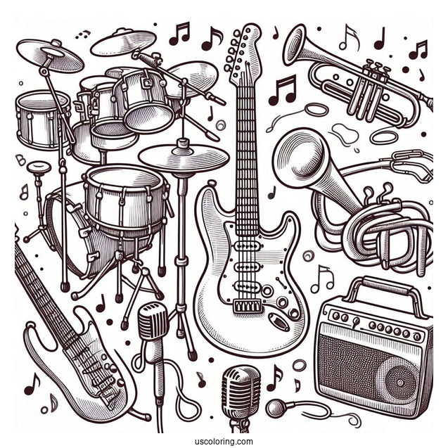 Music Coloring Page Of Electric Guitar, Drum, Trumpet, Saxophone, And Microphone