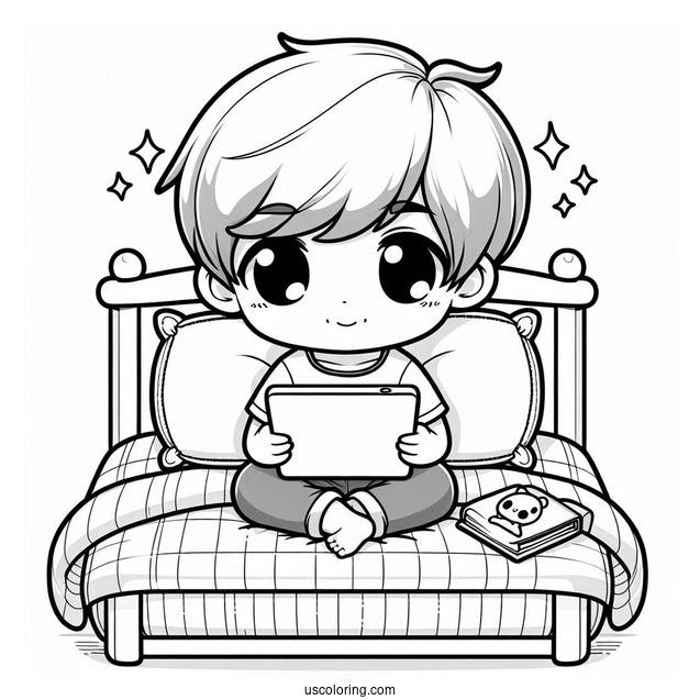 Chibi Little Boy Playing With His Tablet On His Bed
