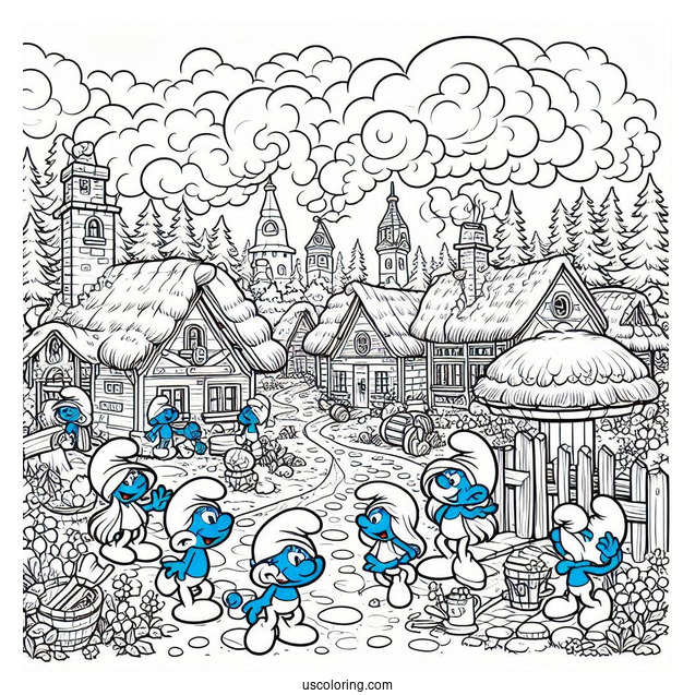 Detailed Smurf Village Coloring In