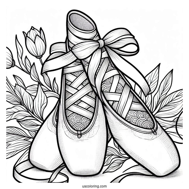 Coloring Sheet Of Ballet Shoes With Laces In A Bow