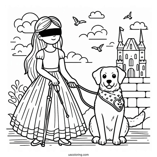 Blind Woman With Her Service Dog To Color