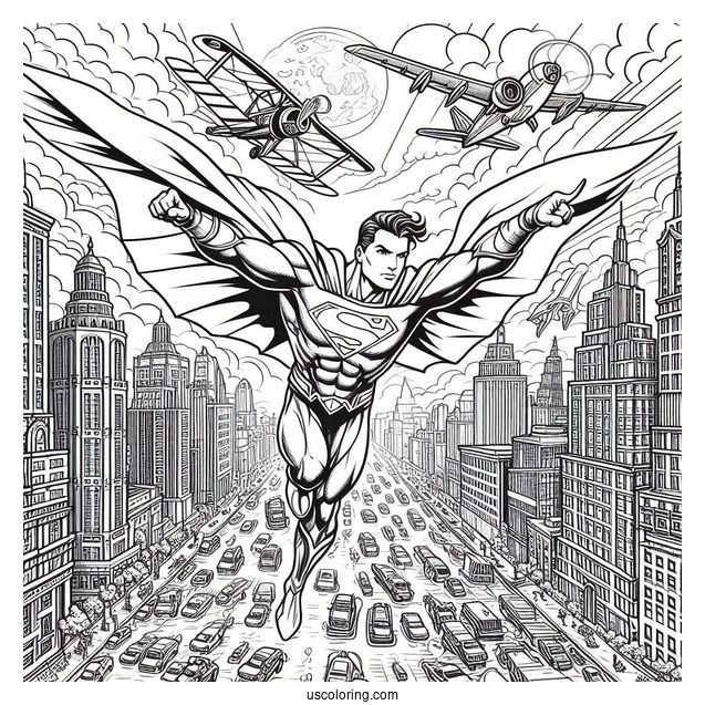 Justice League Coloring Page Flying In The City