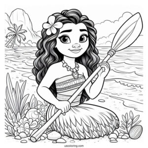 Moana Holding An Oar At The Beach Coloring Page For Kids