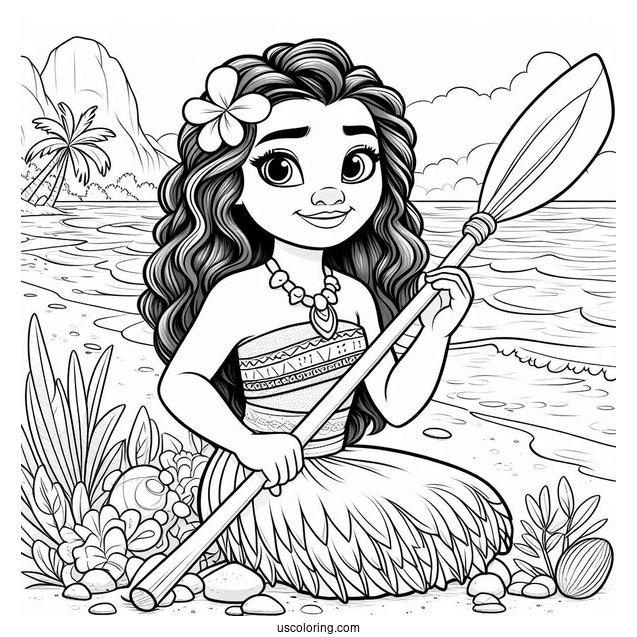 Moana Holding An Oar At The Beach Coloring Page For Kids