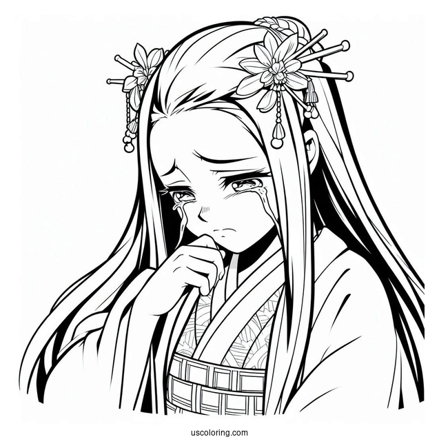 Nezuko Coloring Page Holding Head While Crying