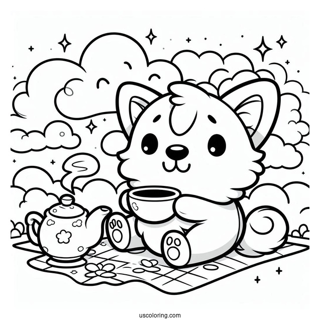 Cartoon Corgi Coloring Page In The Clouds Having Tea