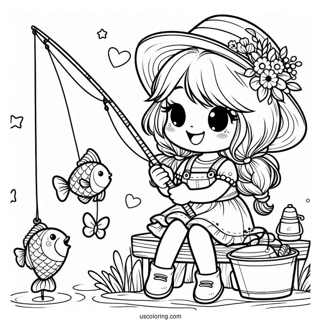 Little Girl Fishing Coloring Page For Kids