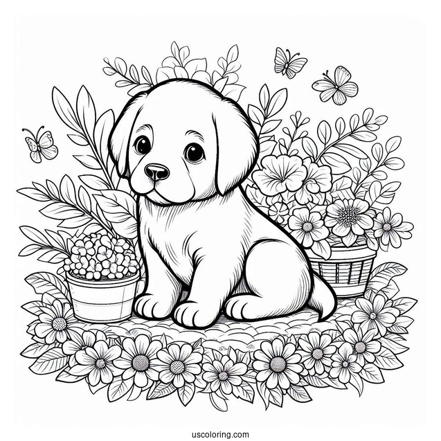 Labrador Puppy On Flower Bed Coloring Sheet