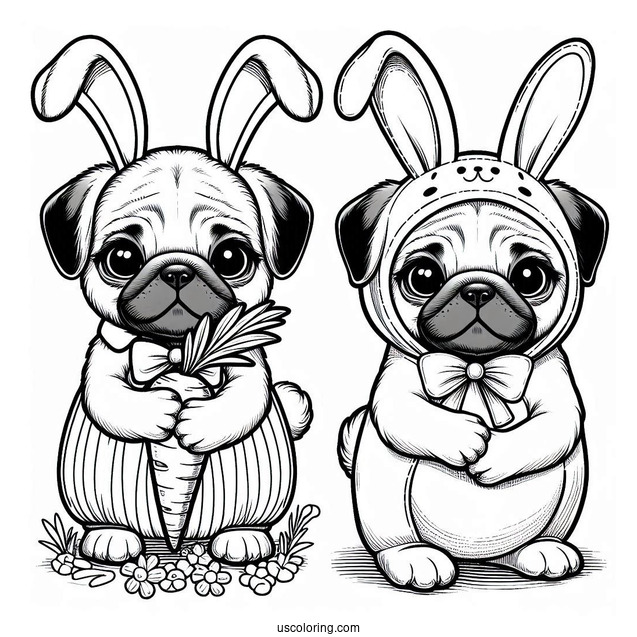 Pug Coloring Page in Bunny Costume Holding Carrot For Kids