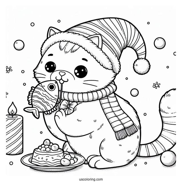 Cat Eating Fish Treat On Christmas Day Coloring Page