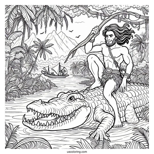 Tarzan Coloring Page And Jane Riding Crocodile In Jungle