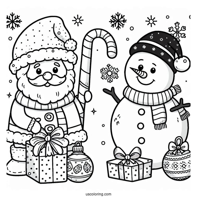 Santa And Snowman To Color With Ornaments And Presents