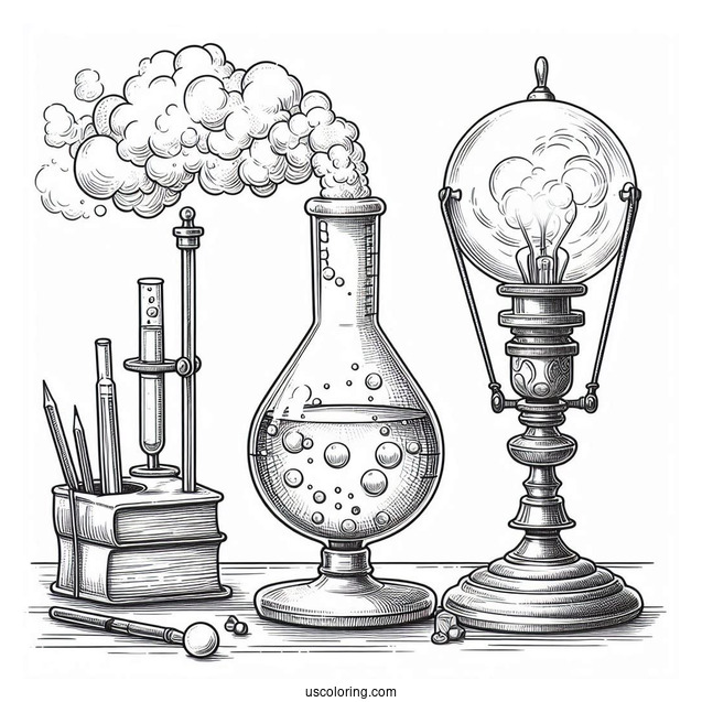 Science Coloring Page Of Volumetric Flask Being Heated On Stand Above Alcohol Lamp