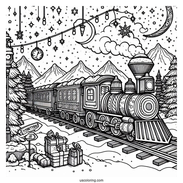 Detailed North Pole Coloring Page Train