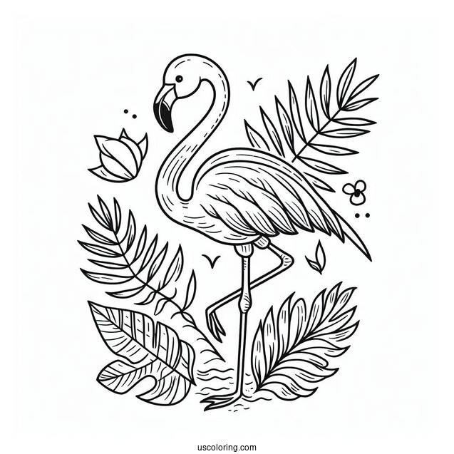 Summer Themed Flamingo With Tropical Leaves