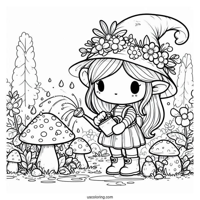 Chibi Coloring Page Gnome in a Fantasy Mushroom Forest Watering Flowers For Kids