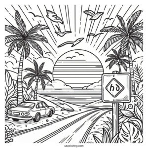 Summer Coloring Page Of Beach Scene With Road Sign, Palm Trees, And Surf Board