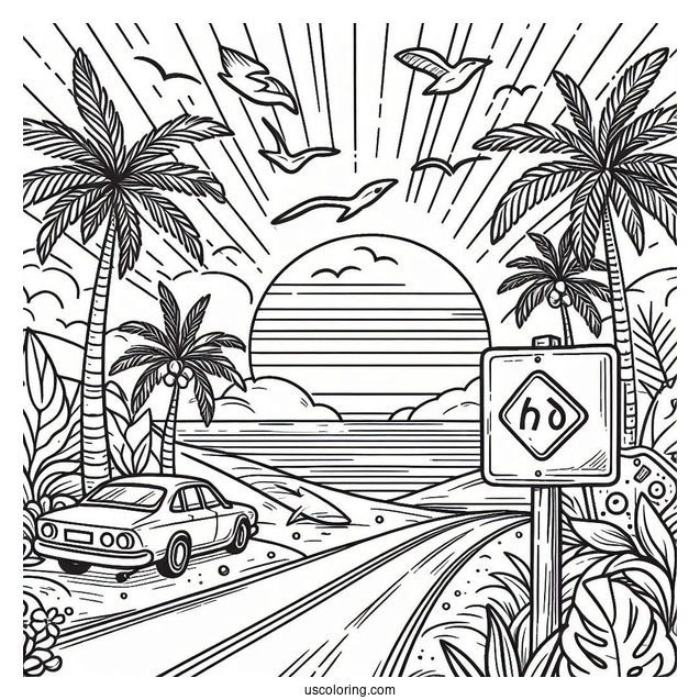 Summer Coloring Page Of Beach Scene With Road Sign, Palm Trees, And Surf Board