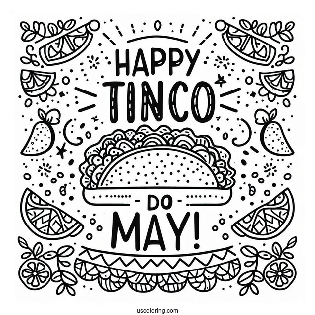 Happy Cinco De Mayo Words Around A Taco Coloring Page